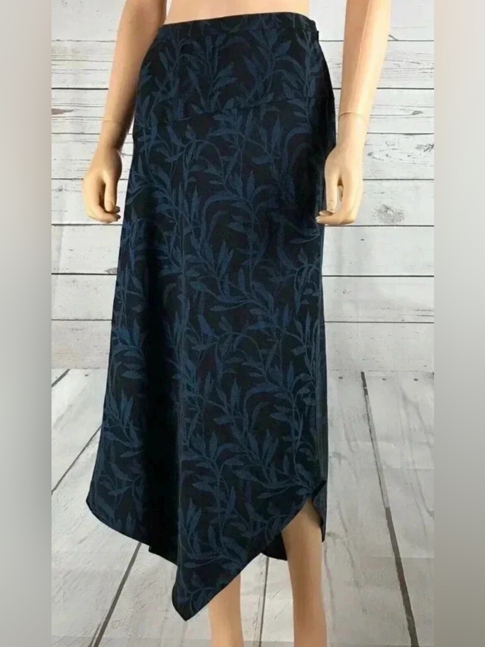 Alfani Navy Black Botanical Jacquard Asymmetrical Hem Midi Skirt Size 8